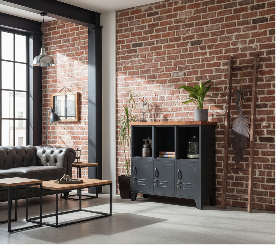 Black metal storage unit with wooden top 