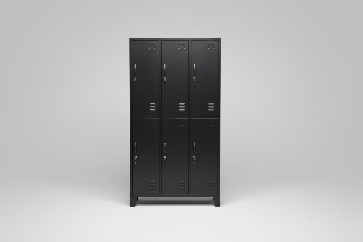 Black metal tall 6 Door wardrobe locker on a gray background