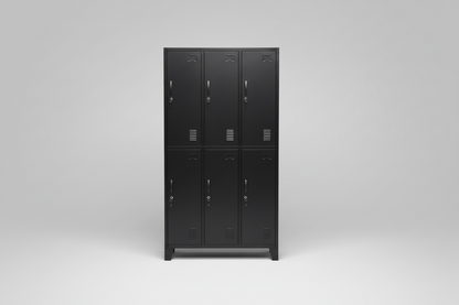 Black metal tall 6 Door wardrobe locker on a gray background