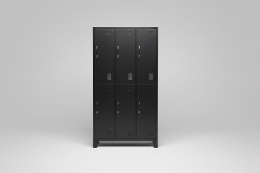 Black metal tall 6 Door wardrobe locker on a gray background