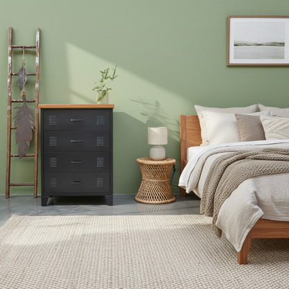 Black metal tallboy cabinet with 4 drawers and a Recycled RImu top on a green wall