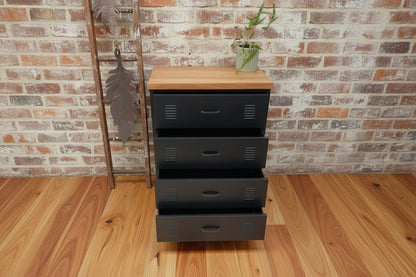 Black metal tallboy cabinet with 4 drawers and a RImu top with drawers open