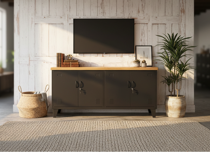 Black metal TV cabinet with an Oak top in a modern living room with a TV mounted on a wooden stand against a brick wall.