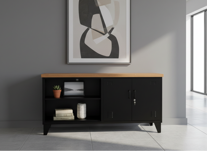 Black metal versatile storage unit with Rimu top and open shelving for display in a room with a gray wall and large windows.