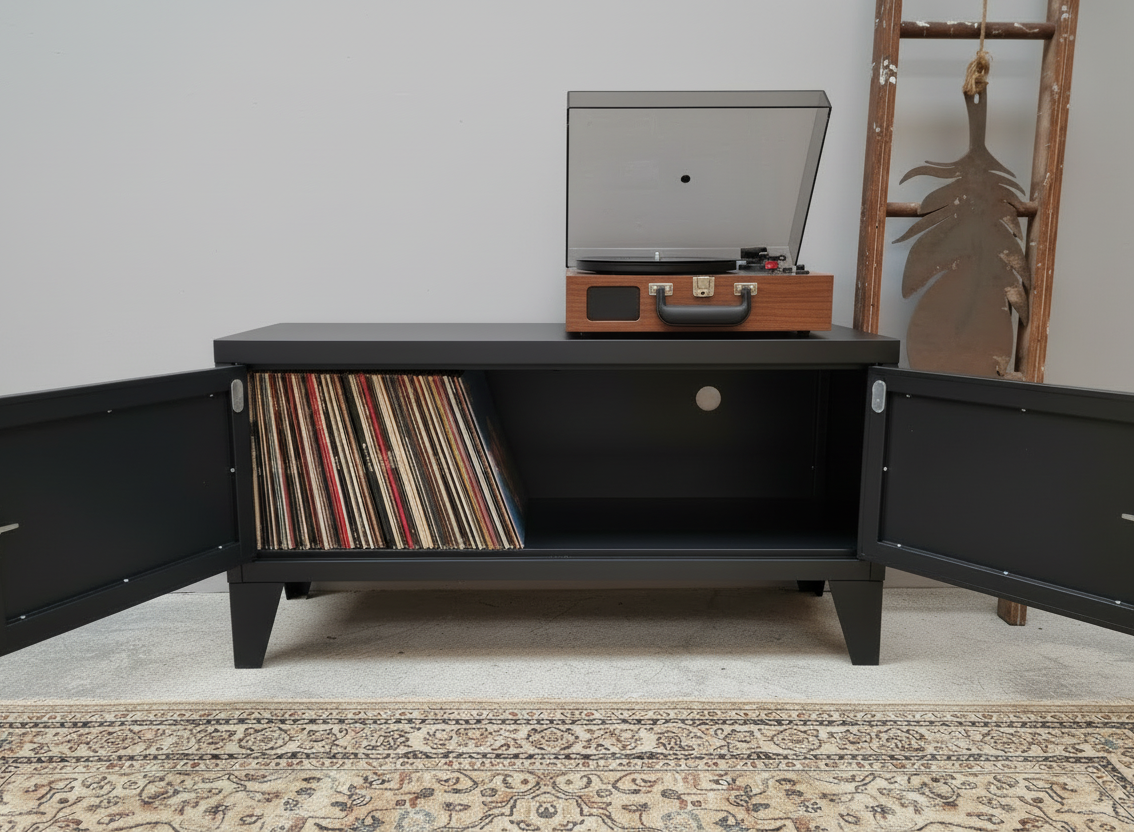 Black record player console with open doors displaying records and a turntable on a neutral background.