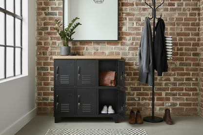 A black 6-door locker with a light oak top, featuring metal locker doors and a wooden surface on top.