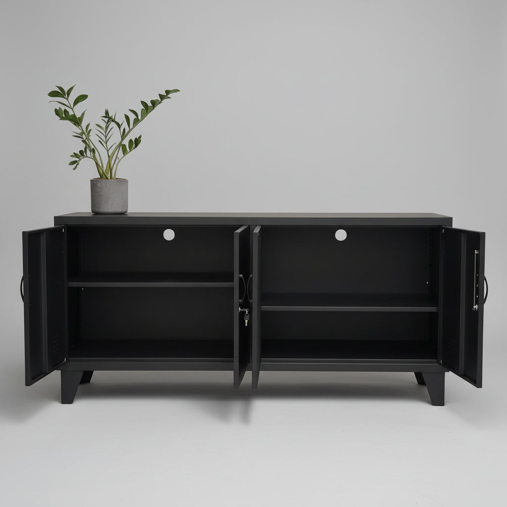 Black versatile metal locker cabinet with doors open to show adjustable shelves