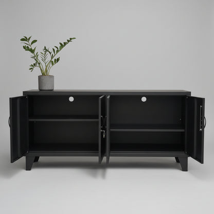 Black versatile metal locker cabinet with doors open to show adjustable shelves