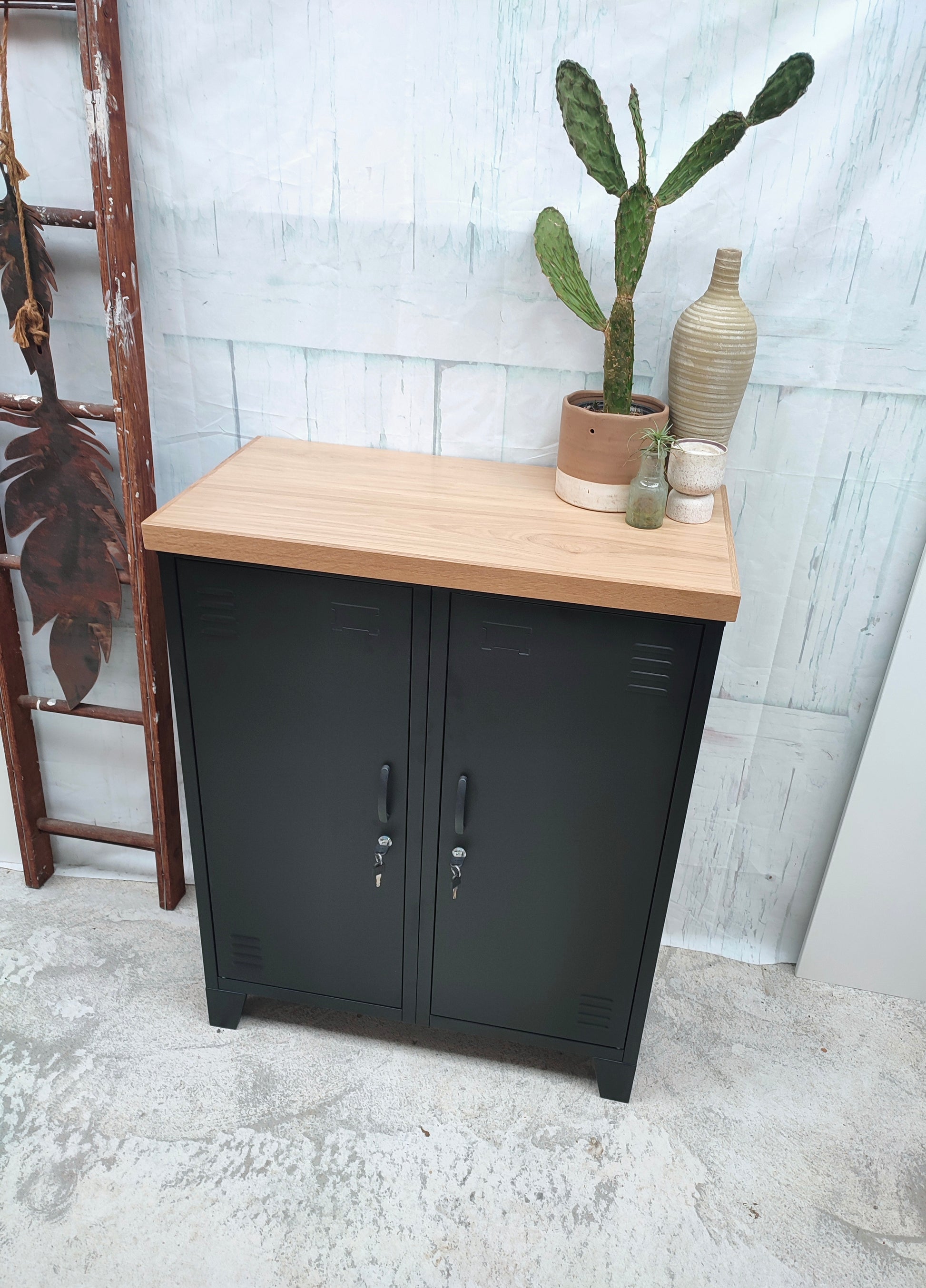 Double Side Cabinet with Oak Top – Metal Storage Locker NZ
