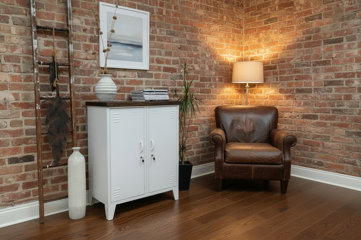 Living room with a white metal sideboard-style cabinet and armchair.