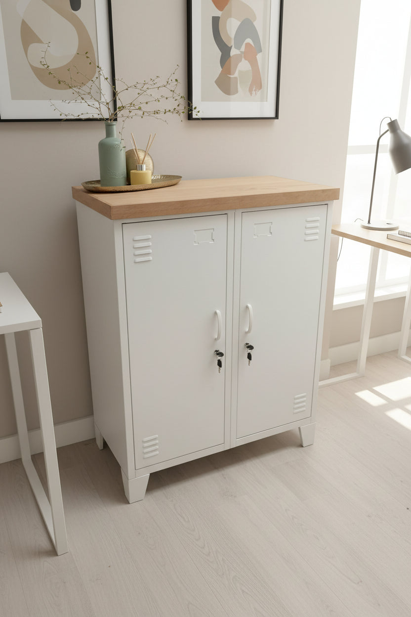 Double metal side cabinet with oak top and adjustable shelves. Ideal for home or office storage
