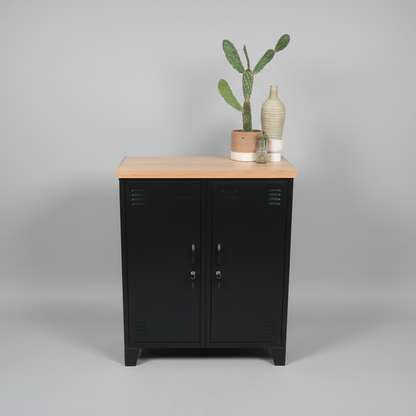 Double side cabinet powder coated black with Oak top on grey background with cactus on top