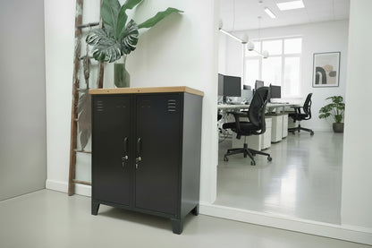 Double side cabinet with Rimu top. Powder coated black in an office.