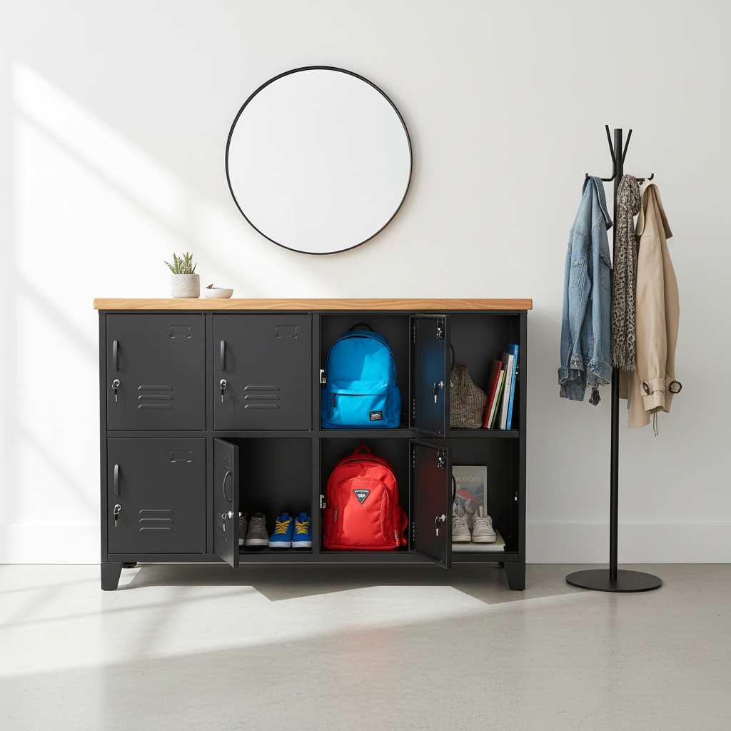 Entranceway / mudroom locker. 8 doors with Rimu top with bags and shoes inside