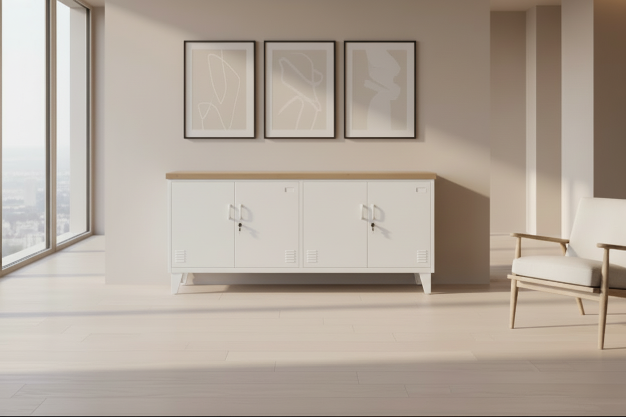 White Versatile Metal Locker Oak top