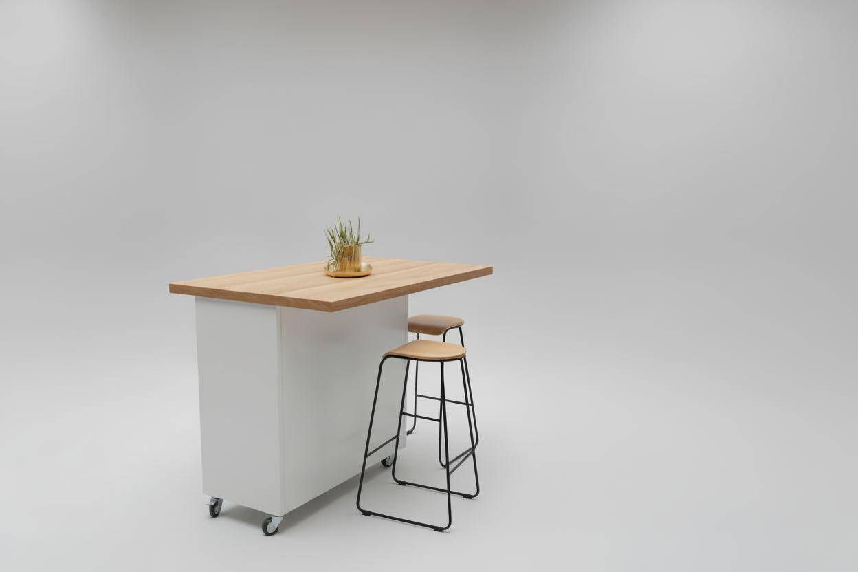 White Industrial Metal Kitchen Island – Oak Top
