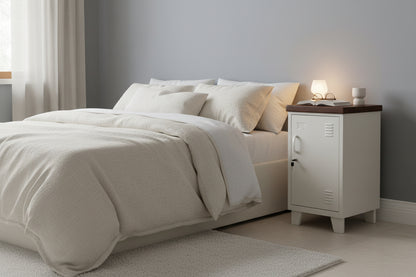 Mini White Metal Locker Cabinet-Dark Oak Top(Left or Right Opening)