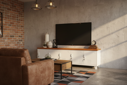 Large Industrial TV Cabinet -White - Rimu top