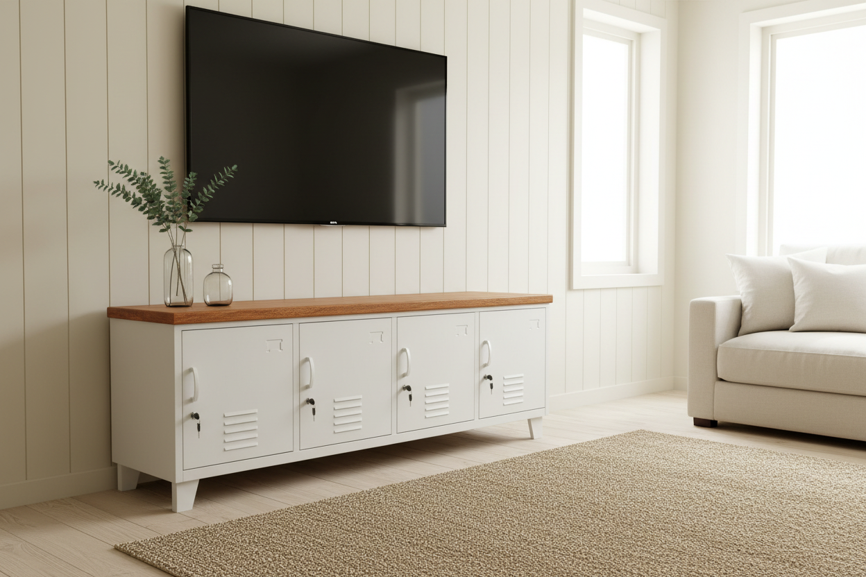Large Industrial TV Cabinet -White - Rimu top