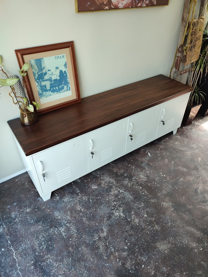 Large Industrial TV Cabinet- White - Dark Rimu top