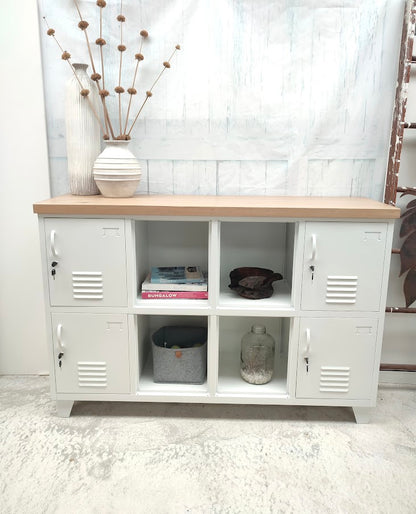 White 8 Door Sideboard Locker Oak Top