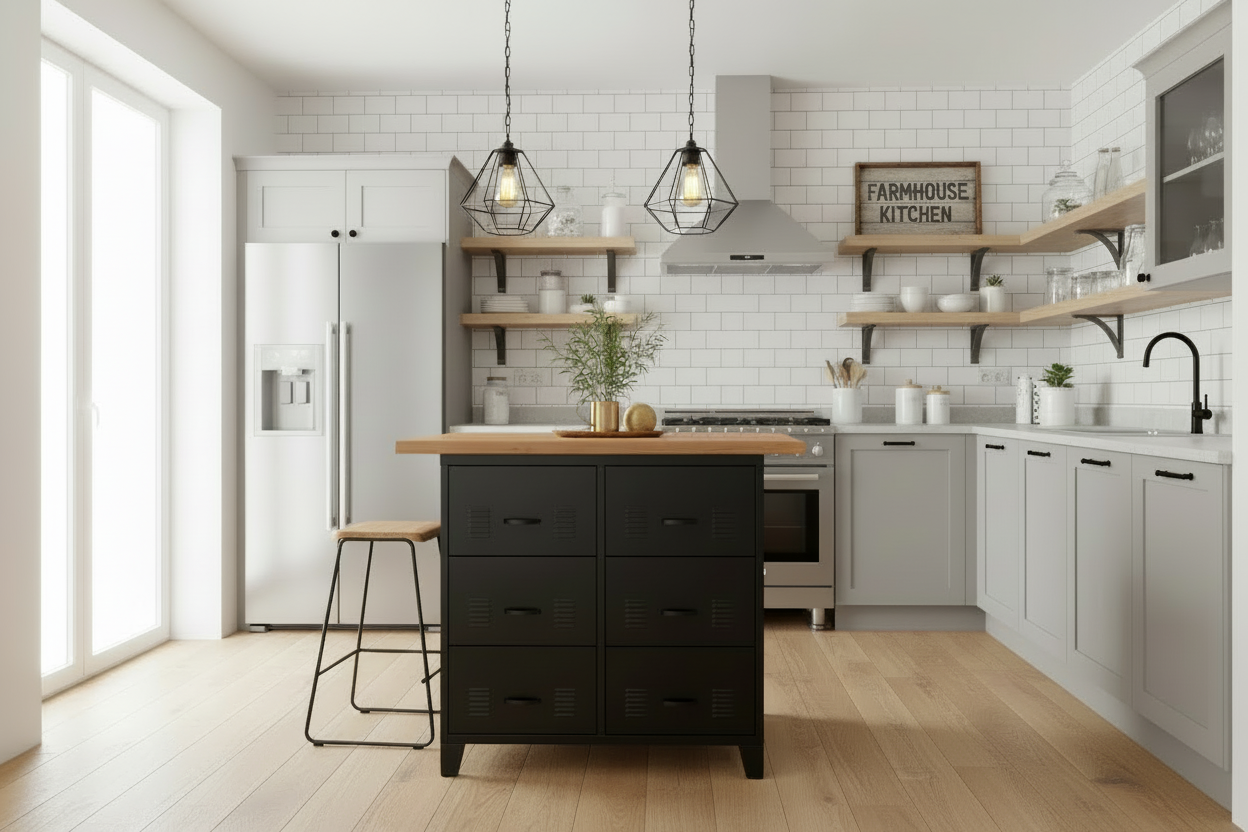 Industrial Black metal Kitchen Island with drawers cabinet and wooden top 