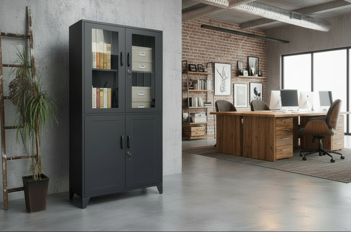 Industrial Black metal cabinet with glass doors , lockable office storage