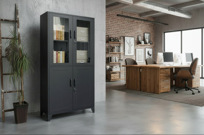 Industrial Black metal cabinet with glass doors , lockable office storage