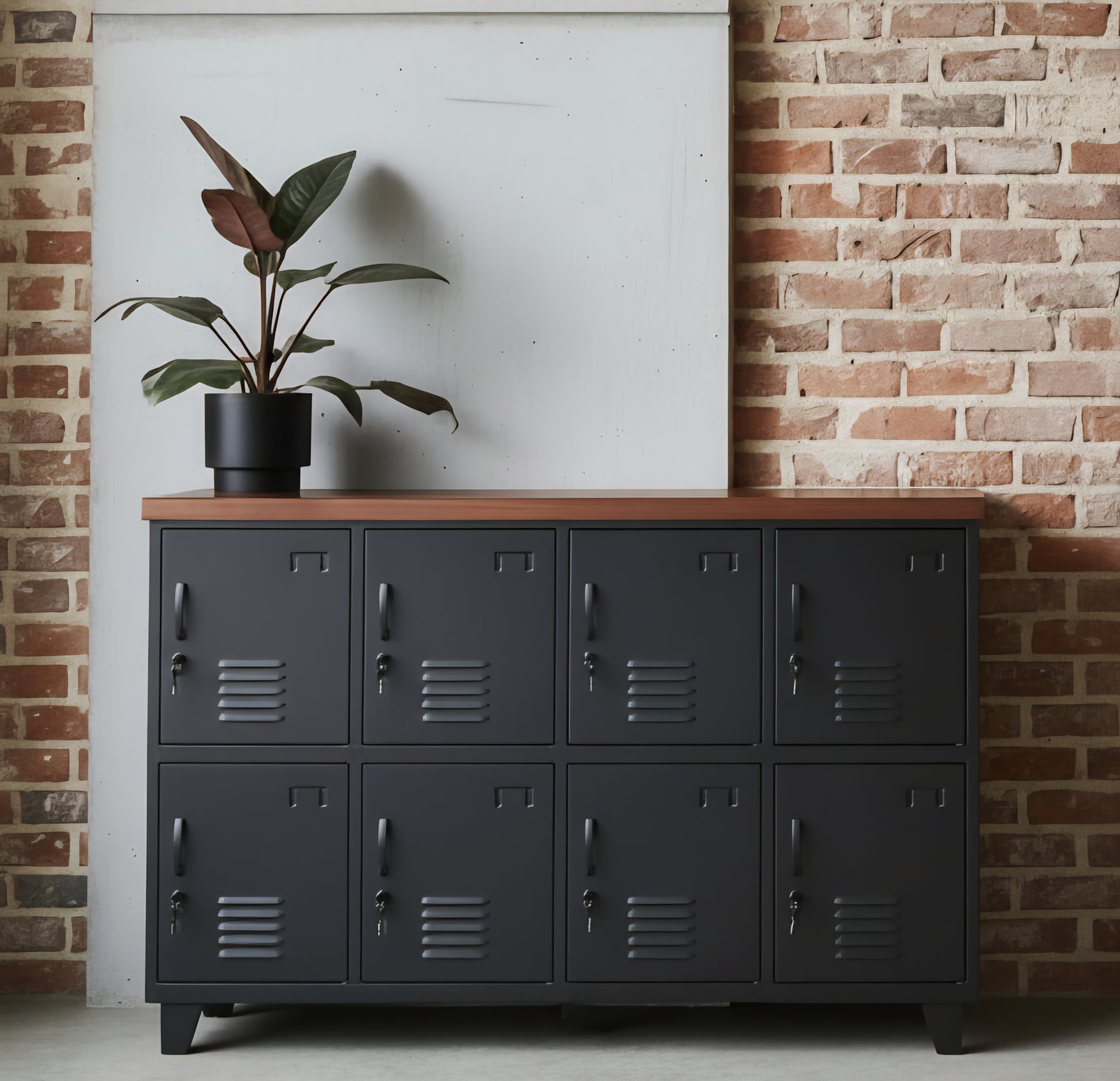 Industrial Black metal locker cabinet with 8 Doors and dark Rimu top against a brick wall.