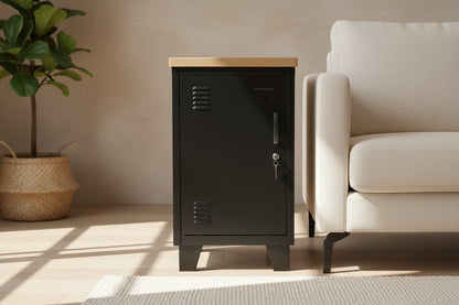 Industrial Black mini locker with oak top next to a couch