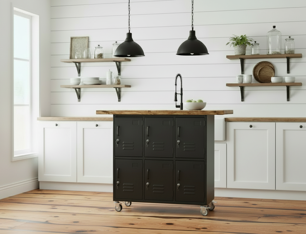 Industrial Kitchen Island, black 6 door with  Oak top