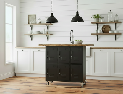 Industrial Kitchen Island, black 6 door with  Oak top