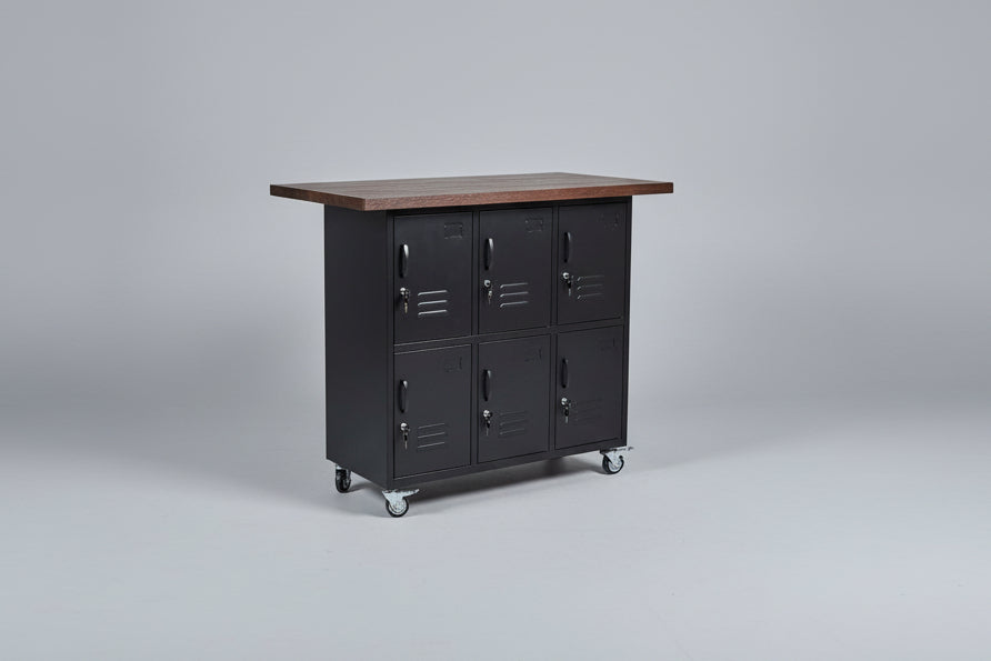 Industrial Kitchen Island, black 6 door with dark Oak top