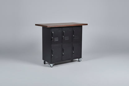Industrial Kitchen Island, black 6 door with dark Oak top