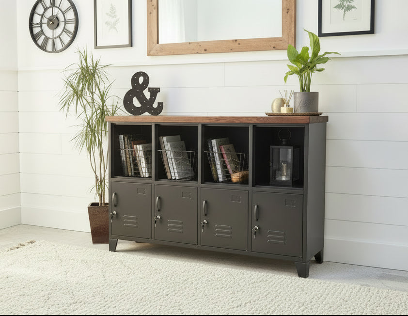 Black Industrial Metal Bookshelf Locker Cabinet with Dark Oak Top