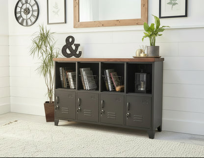 Black Industrial Metal Bookshelf Locker Cabinet with Dark Oak Top