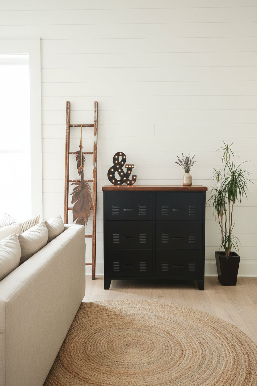 Industrial Metal Drawer Cabinet with 6 large drawers and a Dark Rimu top