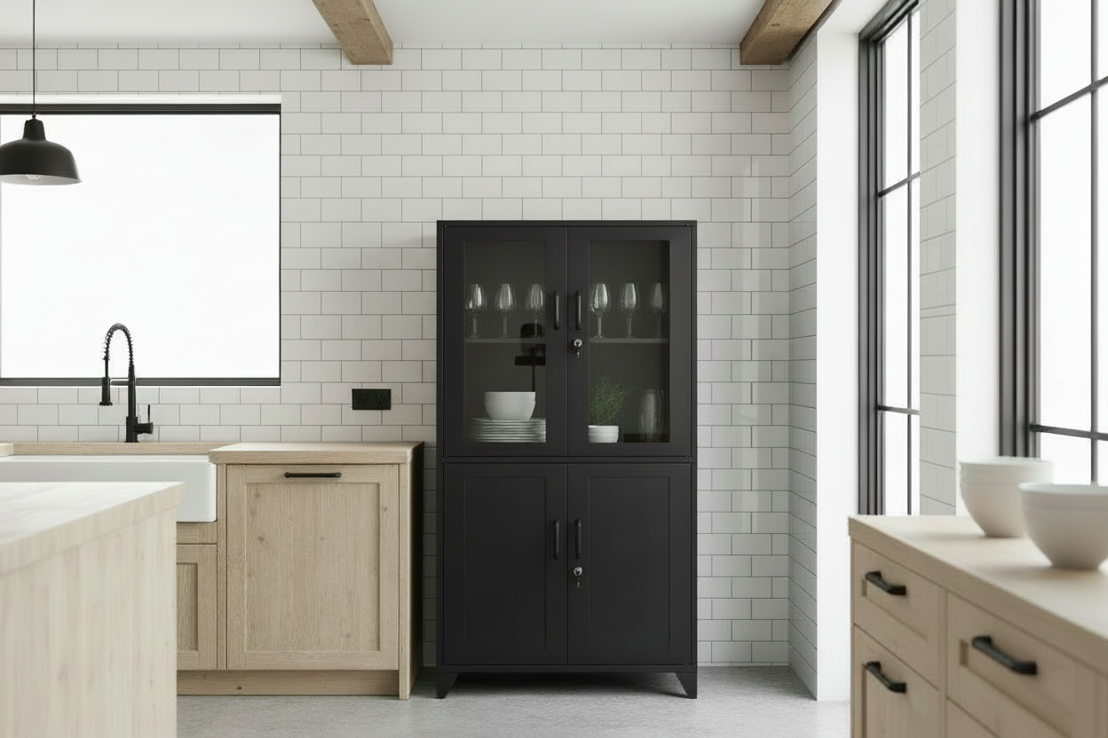 Black Industrial Metal Glass Display Locker Cabinet in kitchen