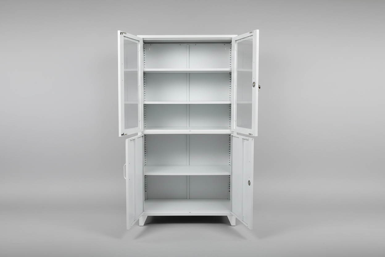 White Industrial Metal Glass Display Locker Cabinet with open doors
