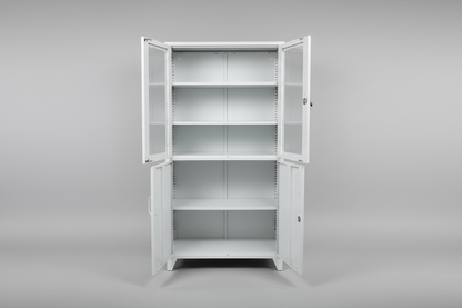 White Industrial Metal Glass Display Locker Cabinet with open doors