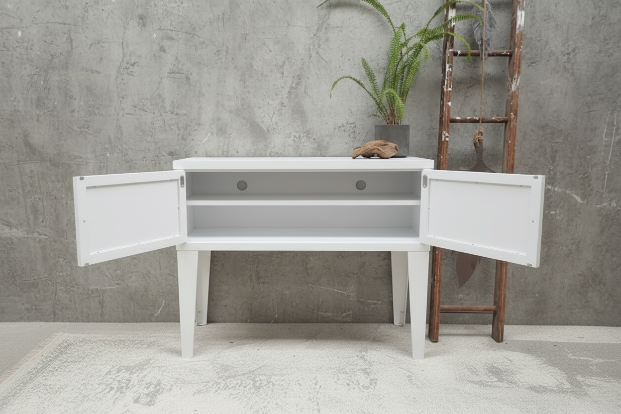 White Industrial Metal Hall Table Cabinet – Storage Console with open doors showing adjustable shelf