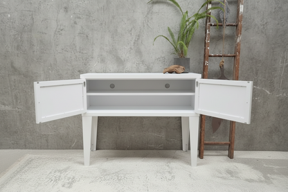 White Industrial Metal Hall Table Cabinet – Storage Console with open doors showing adjustable shelf