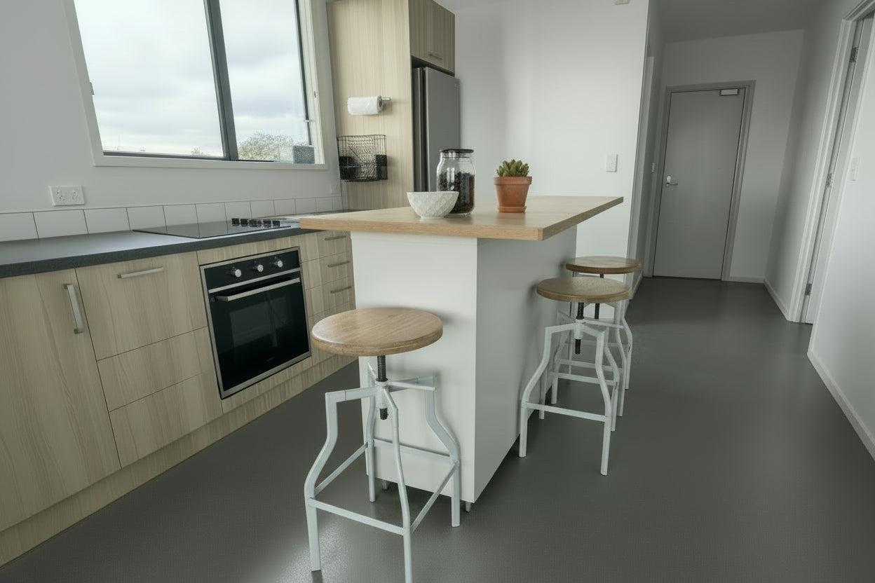 Industrial Metal Kitchen Island with 8 door metal locker cabinet and Oak island top in a kitchen with stools as the breakfast bar