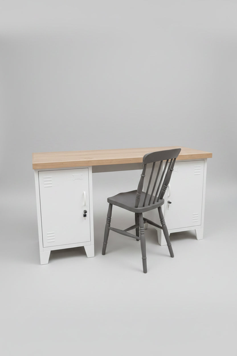 Pale Oak desk with White metal locker base and a chair.