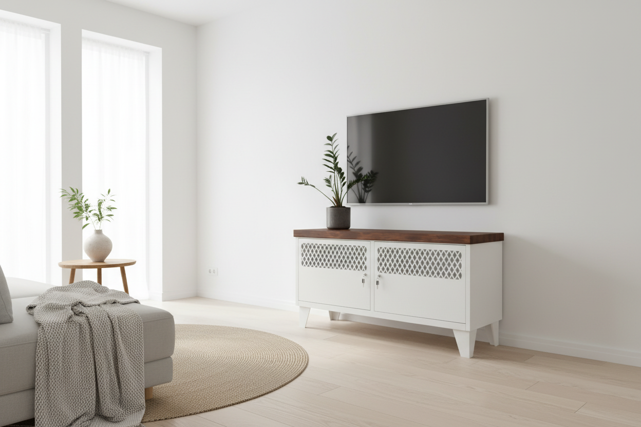Industrial TV cabinet with dark stained recycled Rimu top in lounge room with TV on top