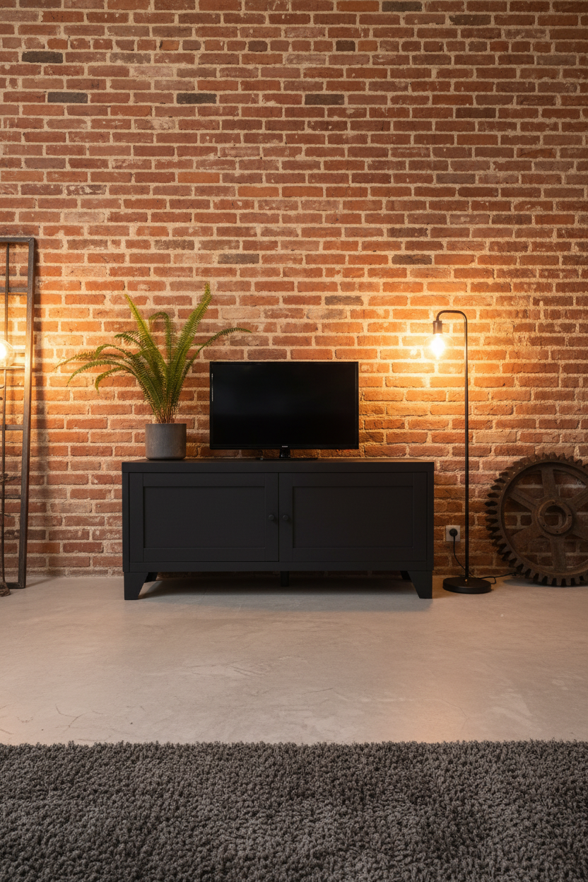 Industrial black TV cabinet with small Television on top in an industrial lounge