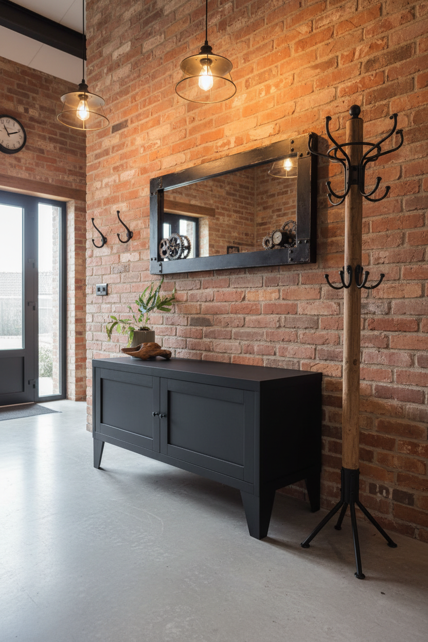 Industrial black metal TV cabinet in entryway