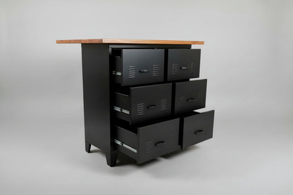 Industrial black metal kitchen island with Rimu top and 6 drawers