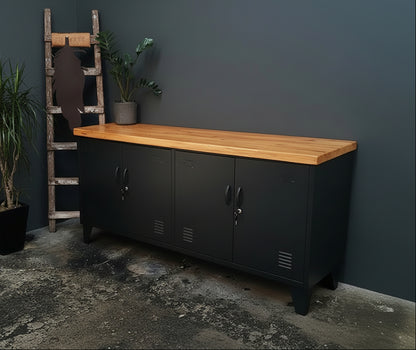 Industrial black storage cabinet with Rimu top