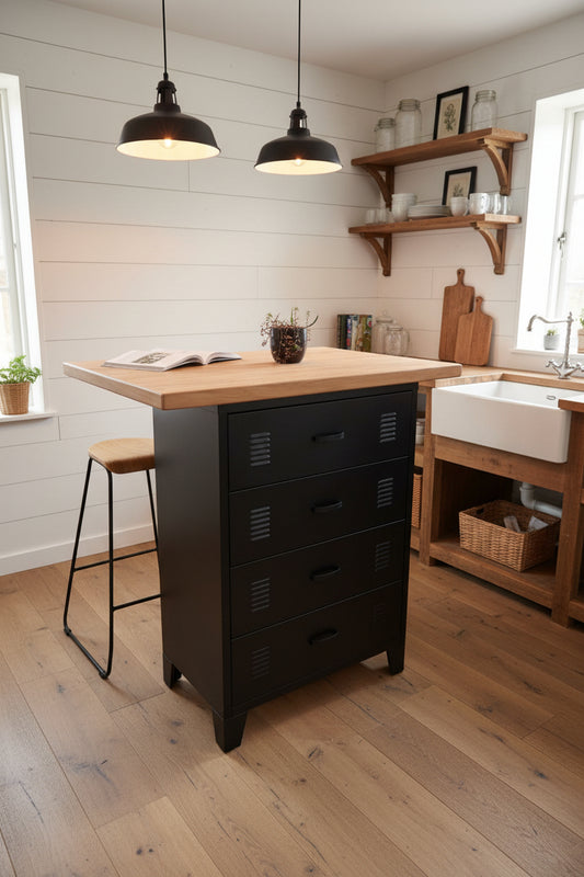 Small Industrial kitchen island, Rimu top with black metal 4 drawer base in a wood kitchen